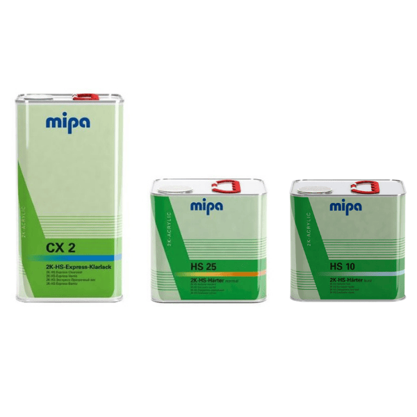 120 x Mipa 2K Express Clearcoat CX2 (5L) & 60 x Mipa 2K HS10 Fast Hardener (2.5L) & 60 x Mipa 2K HS25 Standard Hardener (2.5L)