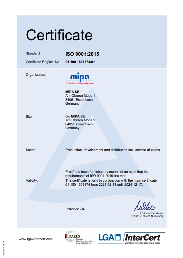 Certifications | Mipa Paints